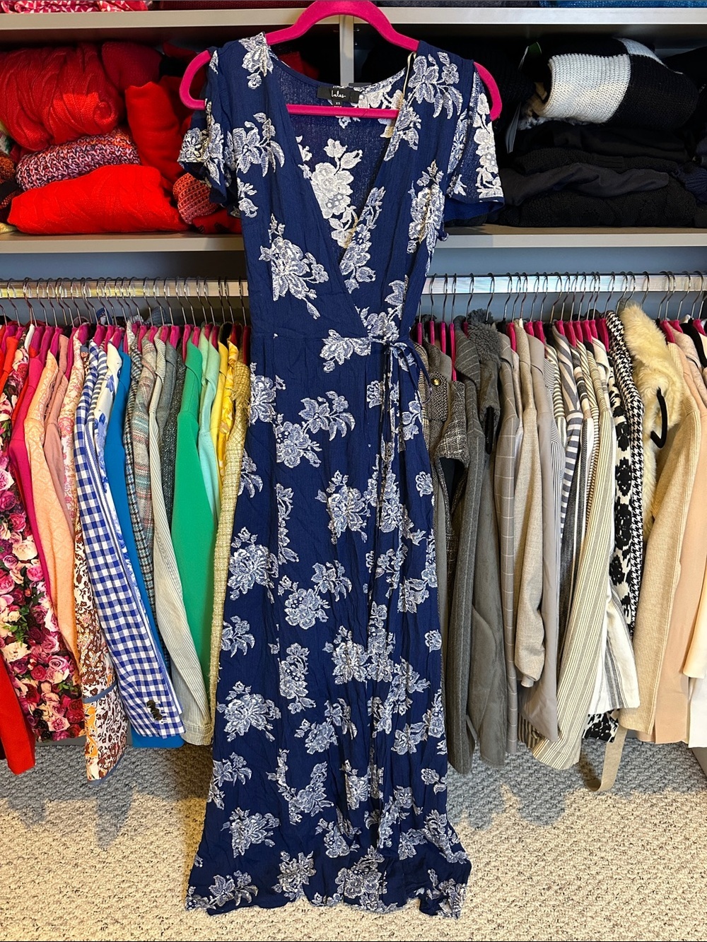 Lulus navy/white short slit sleeve wrap maxi dress size XS NWT